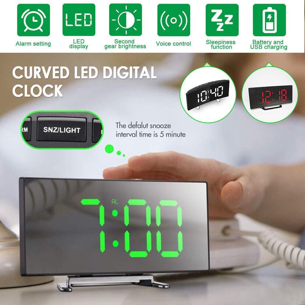 LED Digital Alarm Clock USB Temperature Curved Display Snooze Bedside Modern Hot