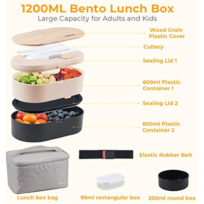 2‑Tier Bento Lunch Box 1200ml – Bento Box with Cutlery Set, 2 Sauce Pots & Insulated Bag (Black)