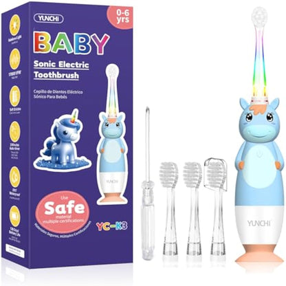 YUNCHI K3 Kids Sonic Electric Toothbrush | Rainbow LED Horn, 17,000VPM, IPX7 Waterproof, 2-Min Timer, 4 Heads (Blue Unicorn, Ages 0–6)