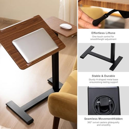 FROMANN Adjustable Overbed Table with Wheels – Tilt Rolling C-Shaped Laptop Desk Black