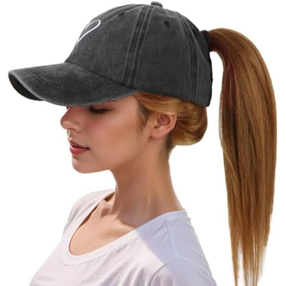 Women's Ponytail Baseball Cap | Vintage Washed Cotton, Adjustable High Bun Hat — Bow & Heart Designs