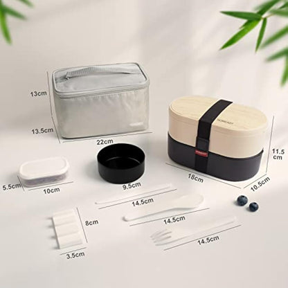 2‑Tier Bento Lunch Box 1200ml – Bento Box with Cutlery Set, 2 Sauce Pots & Insulated Bag (Black)