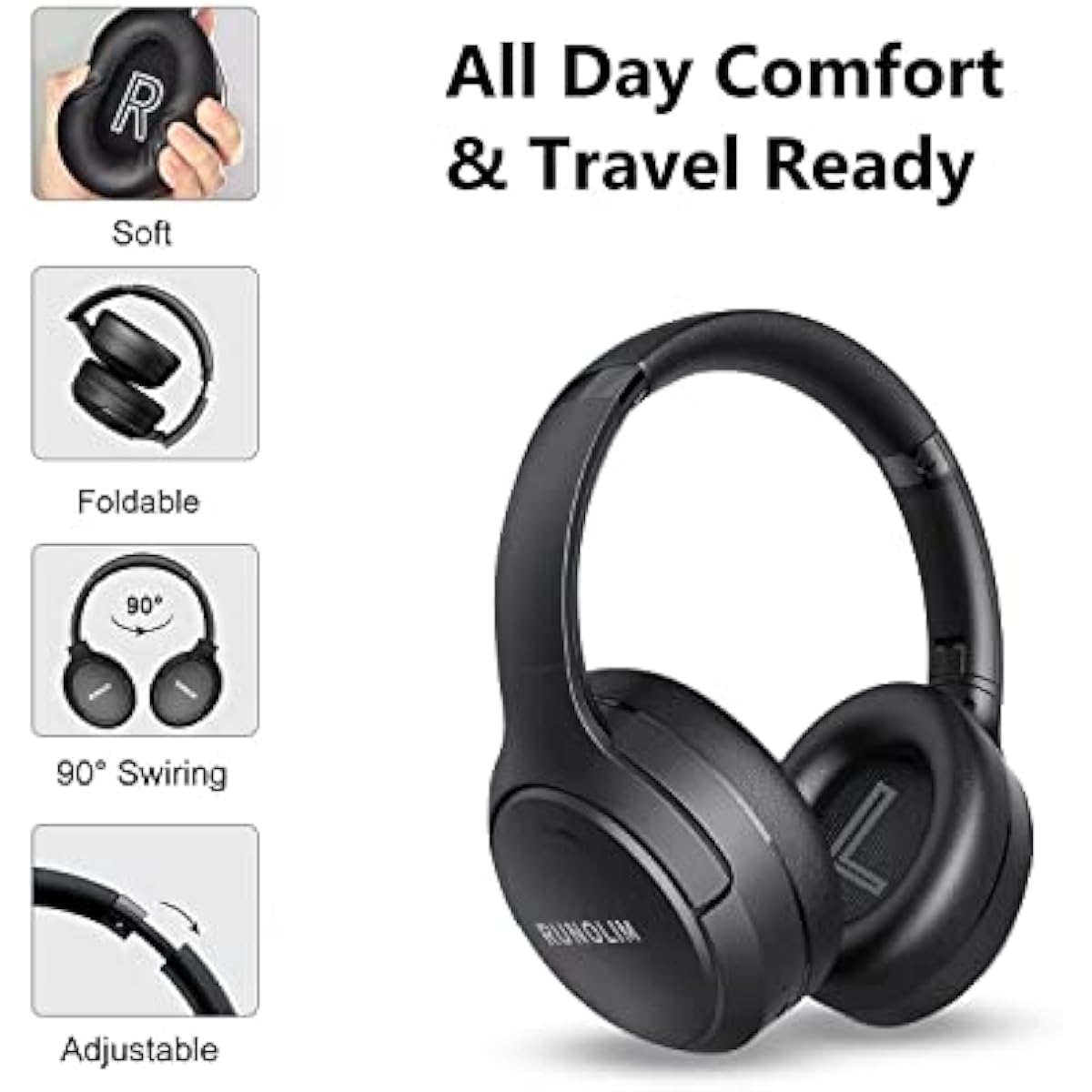 RUNOLIM Hybrid Active Noise Cancelling Headphones, Wireless Over Ear Bluetooth Headphones with Microphone, 70H Playtime, Foldable Wireless Headphones with HiFi Audio, Deep Bass for Home Travel Office