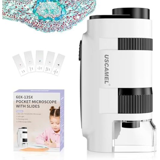 135x Pocket Microscope for Kids & Adults – Portable Handheld Mini Microscope with 5 Slides