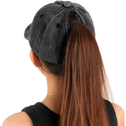 Women's Ponytail Baseball Cap | Vintage Washed Cotton, Adjustable High Bun Hat — Bow & Heart Designs