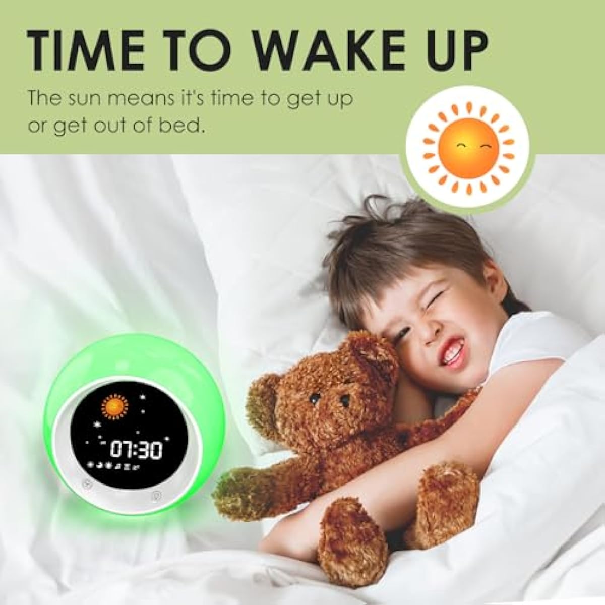 Kids Sleep Trainer Alarm Clock | Sun & Moon Wake Up Light, 9 Colour Night Light & Sound Machine