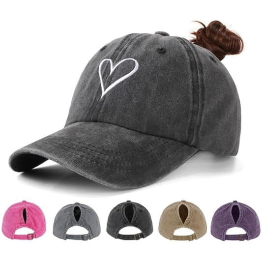 Women's Ponytail Baseball Cap | Vintage Washed Cotton, Adjustable High Bun Hat — Bow & Heart Designs