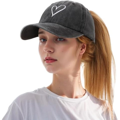 Women's Ponytail Baseball Cap | Vintage Washed Cotton, Adjustable High Bun Hat — Bow & Heart Designs