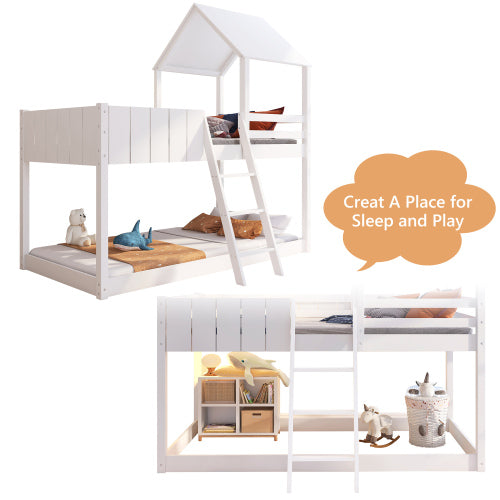 Wooden Mid Sleeper Bed (3ft Single) – Treehouse Canopy Loft Bed with Ladder & Guard Rail (90×190cm) | White | UK