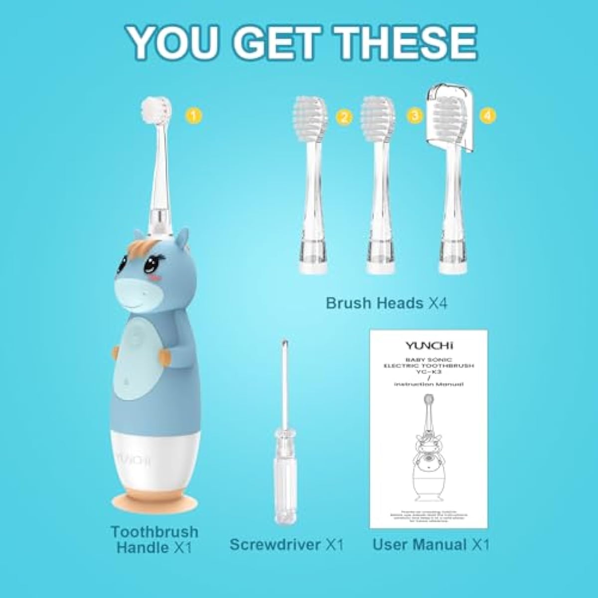 YUNCHI K3 Kids Sonic Electric Toothbrush | Rainbow LED Horn, 17,000VPM, IPX7 Waterproof, 2-Min Timer, 4 Heads (Blue Unicorn, Ages 0–6)
