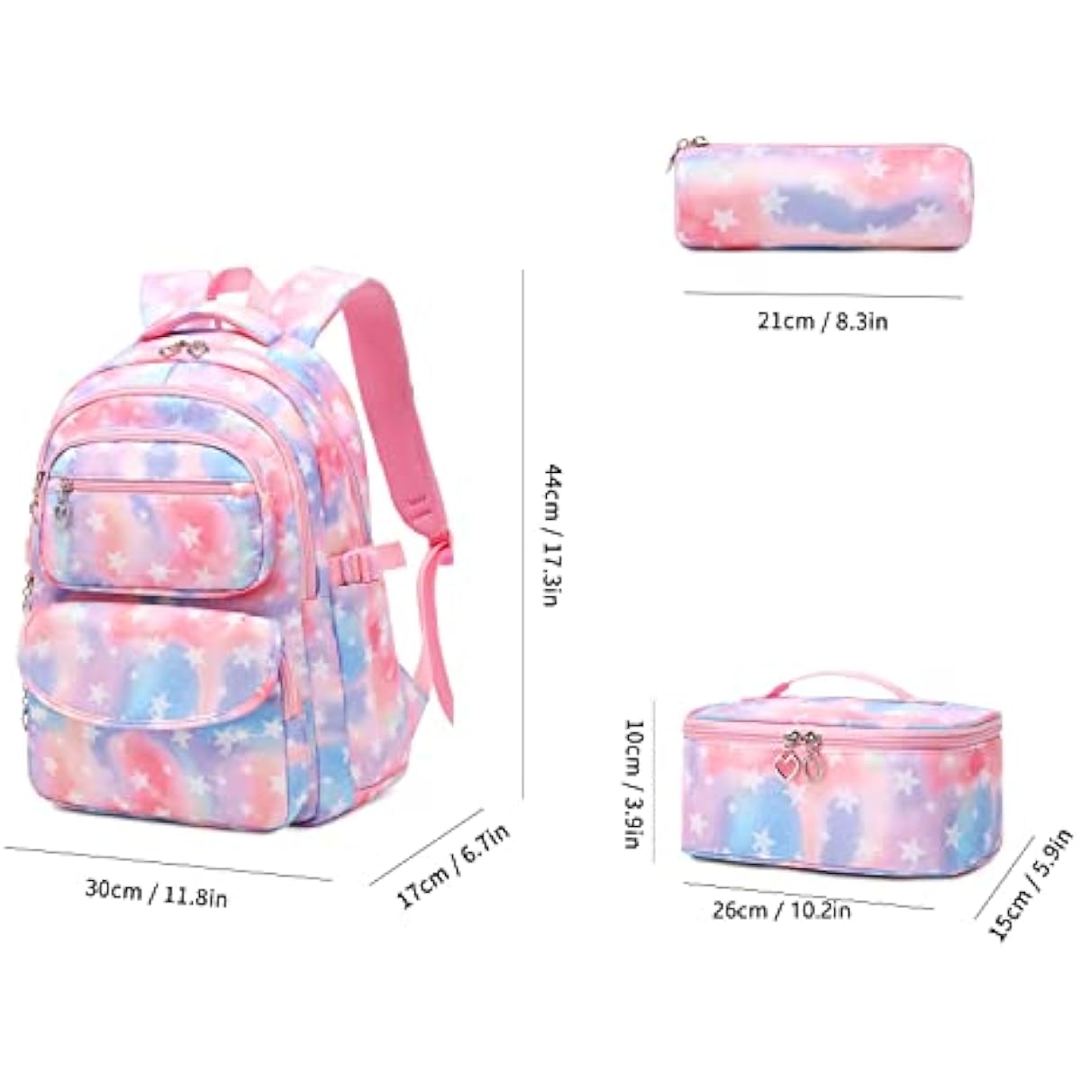 Girls School Bag Set 3-Piece | 22L Backpack, Lunch Bag & Pencil Case — Ages 10–14, Pink Star