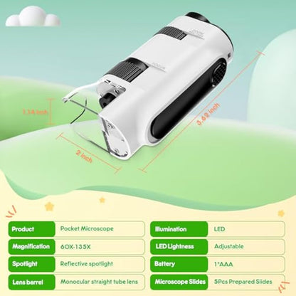 135x Pocket Microscope for Kids & Adults – Portable Handheld Mini Microscope with 5 Slides