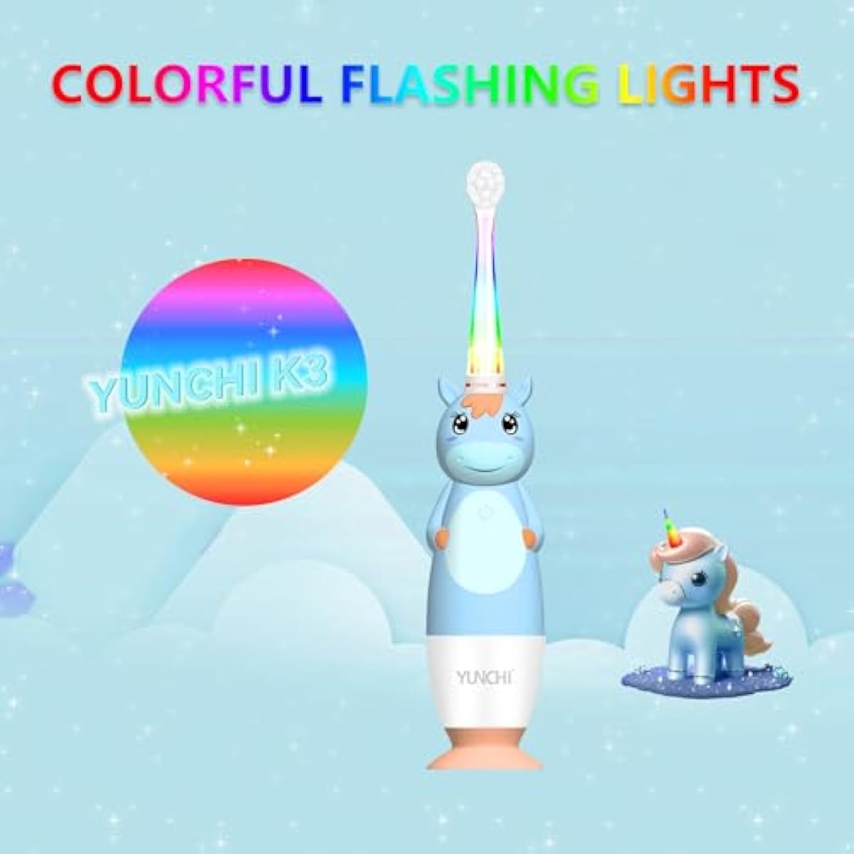 YUNCHI K3 Kids Sonic Electric Toothbrush | Rainbow LED Horn, 17,000VPM, IPX7 Waterproof, 2-Min Timer, 4 Heads (Blue Unicorn, Ages 0–6)