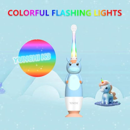 YUNCHI K3 Kids Sonic Electric Toothbrush | Rainbow LED Horn, 17,000VPM, IPX7 Waterproof, 2-Min Timer, 4 Heads (Blue Unicorn, Ages 0–6)