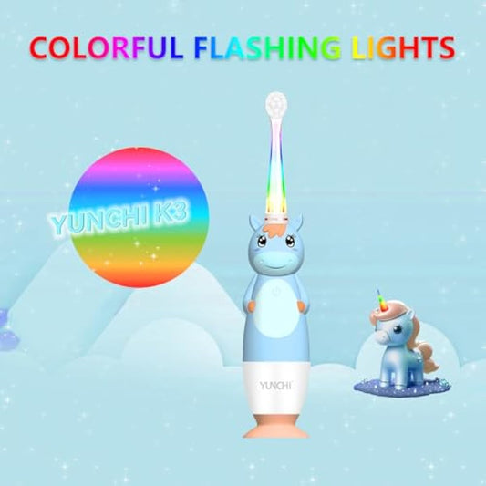 YUNCHI K3 Baby Electric Toothbrush – Blue Unicorn Kids Toothbrush with Timer & 4 Soft Heads