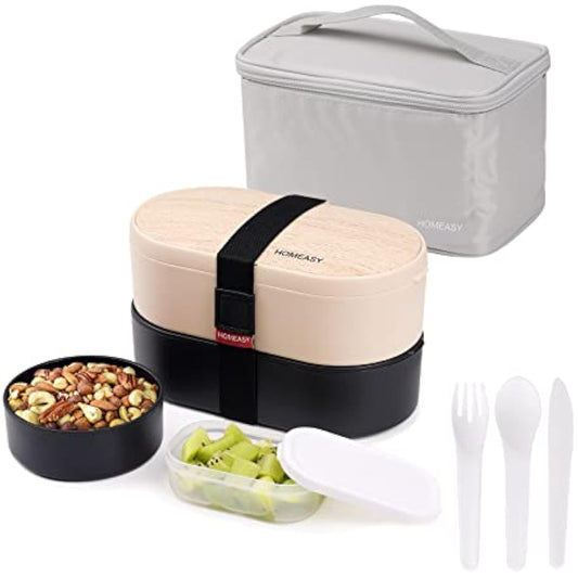 2‑Tier Bento Lunch Box 1200ml – Bento Box with Cutlery Set, 2 Sauce Pots & Insulated Bag (Black)