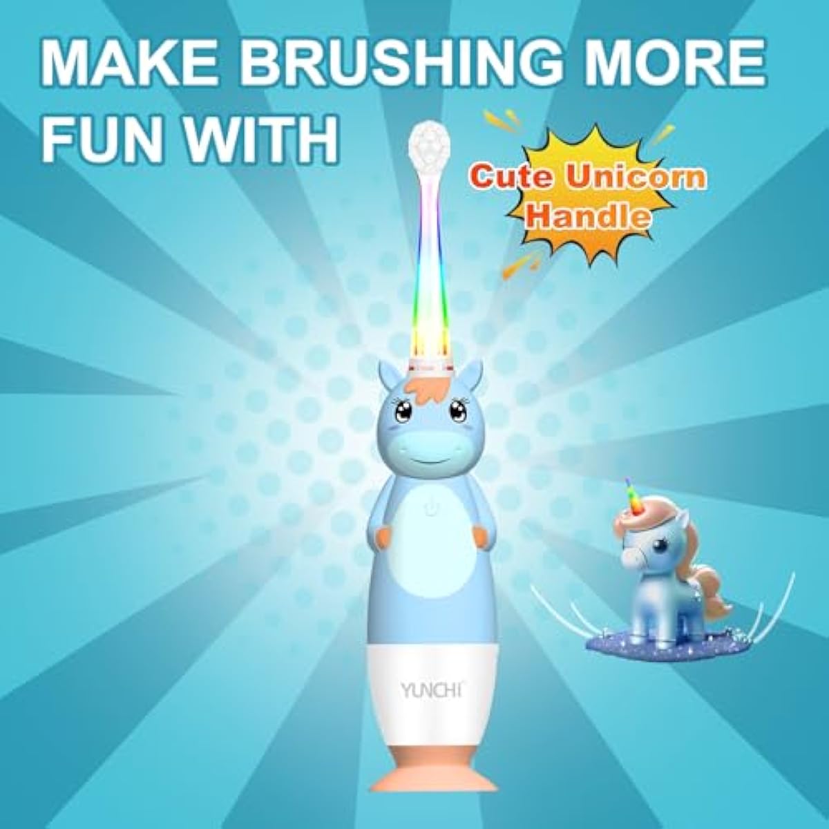 YUNCHI K3 Kids Sonic Electric Toothbrush | Rainbow LED Horn, 17,000VPM, IPX7 Waterproof, 2-Min Timer, 4 Heads (Blue Unicorn, Ages 0–6)
