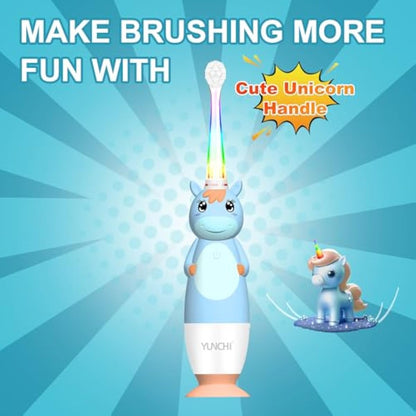 YUNCHI K3 Kids Sonic Electric Toothbrush | Rainbow LED Horn, 17,000VPM, IPX7 Waterproof, 2-Min Timer, 4 Heads (Blue Unicorn, Ages 0–6)
