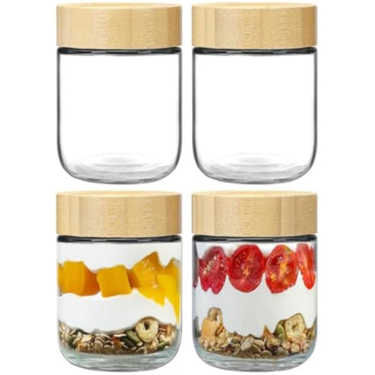 4 Pack Overnight Oats Containers – 16oz Glass Jars with Bamboo Lids