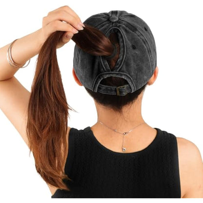 Women's Ponytail Baseball Cap | Vintage Washed Cotton, Adjustable High Bun Hat — Bow & Heart Designs