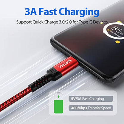 USB-C to USB-A Charging Cable 3-Pack | Nylon Braided, 3A Fast Charge — 1m, 1m & 2m (Grey, Red, Blue)