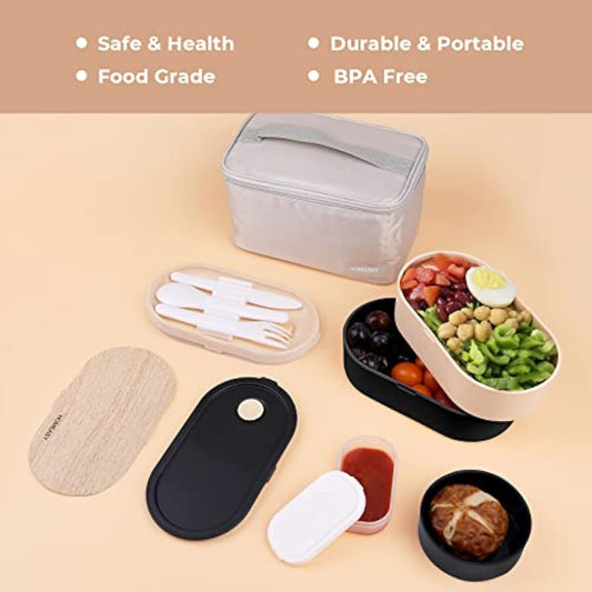 2‑Tier Bento Lunch Box 1200ml – Bento Box with Cutlery Set, 2 Sauce Pots & Insulated Bag (Black)