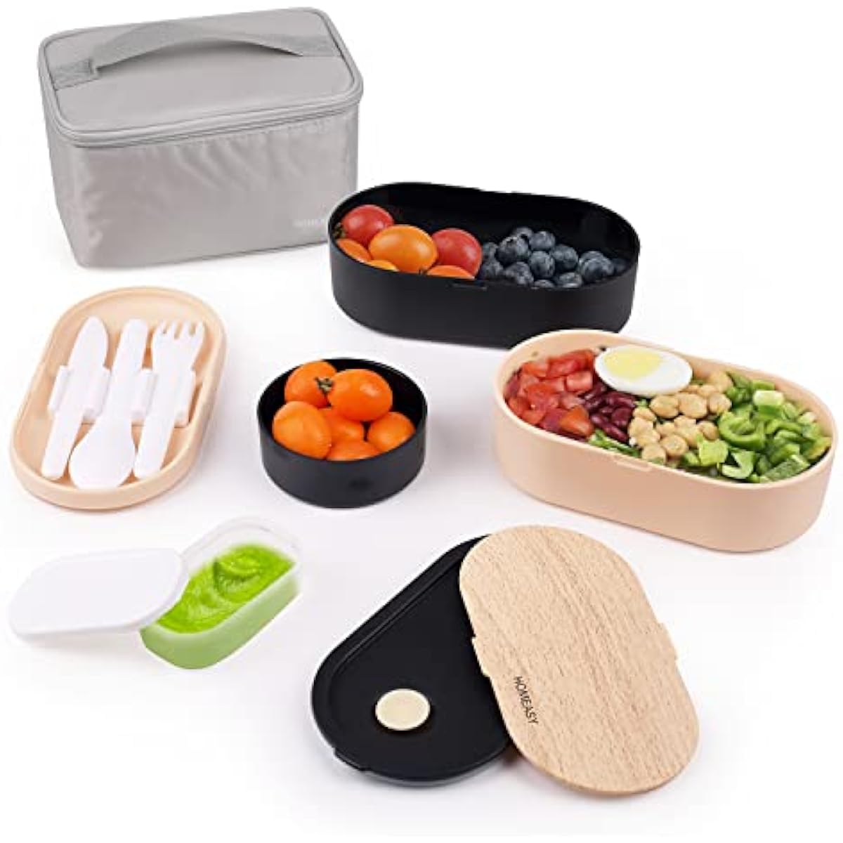 2‑Tier Bento Lunch Box 1200ml – Bento Box with Cutlery Set, 2 Sauce Pots & Insulated Bag (Black)