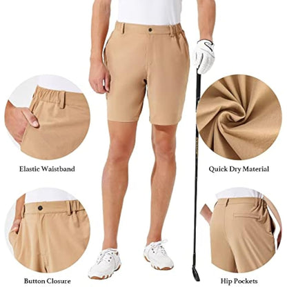 Men's Stretch Golf & Hiking Shorts | 9" Inseam, Quick Dry, 3 Pockets — Brown, Grey, Light Green
