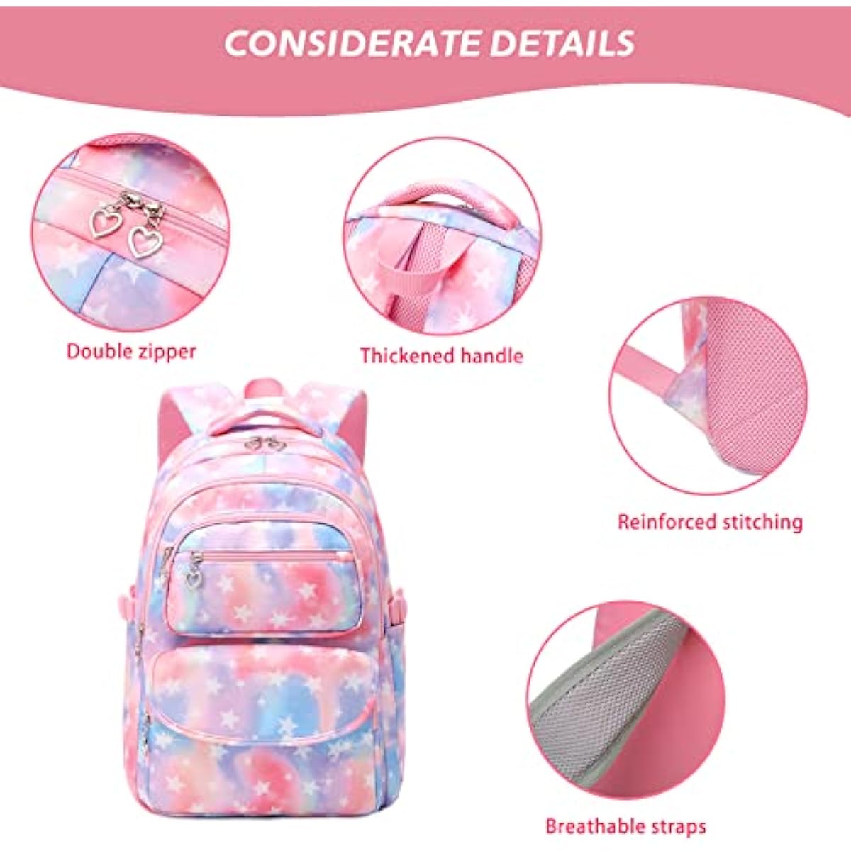 Girls School Bag Set 3-Piece | 22L Backpack, Lunch Bag & Pencil Case — Ages 10–14, Pink Star