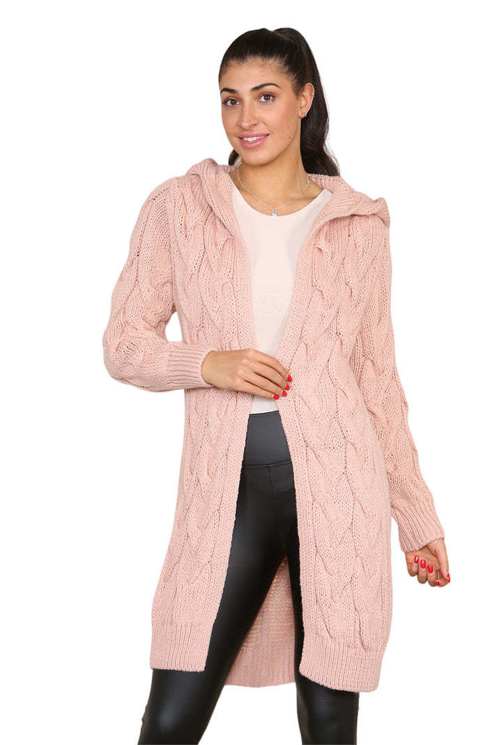 Knitted Cables Hooded Long Oversized Cardigan - Italian Made Women's Cozy Knitwear | UK Fashion