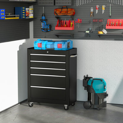 HOMCOM 5-Drawer Tool Box on Wheels | Lockable Garage Storage Cabinet, Black