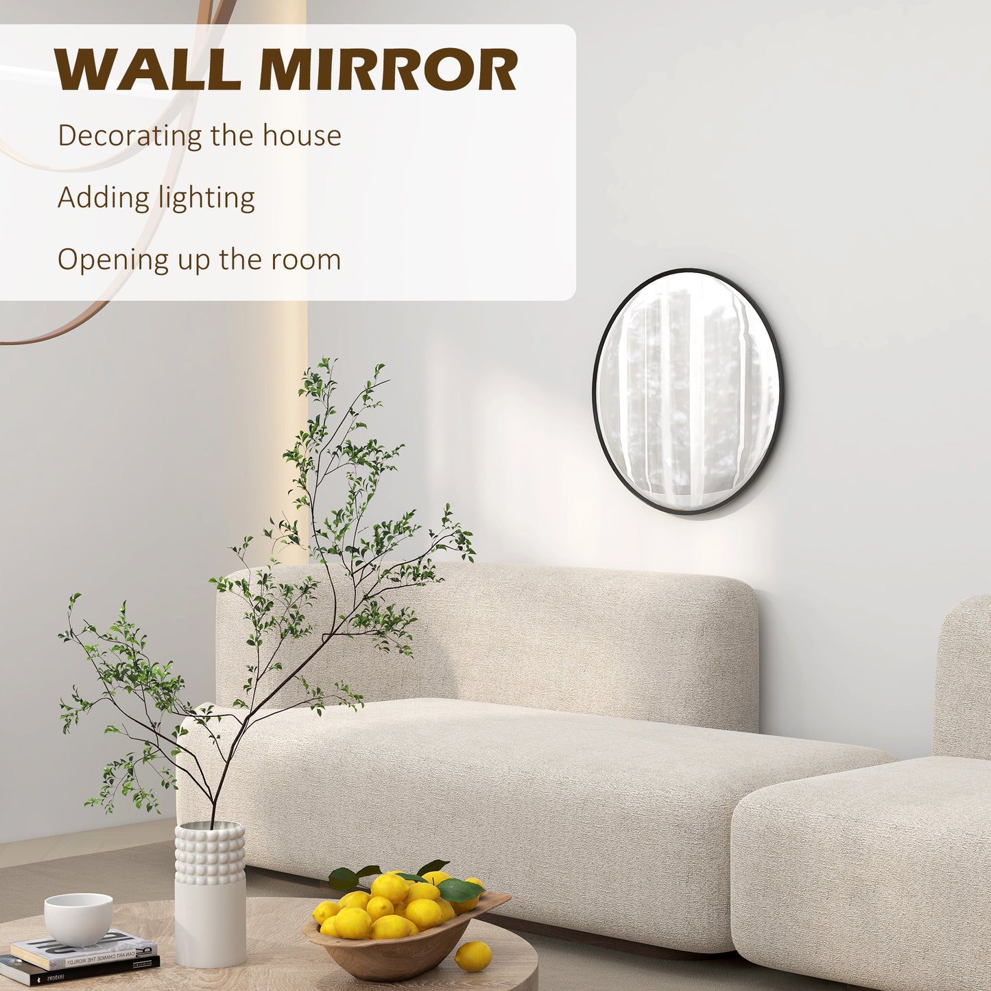 61cm Round Decorative Wall Mirror – Modern Black Frame (Bedroom, Living Room, Bathroom)