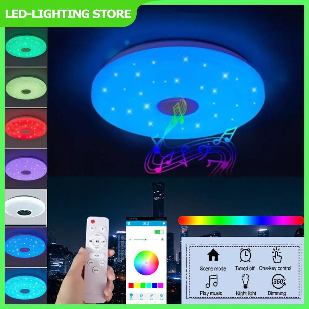 LED RGB Ceiling Light with Bluetooth Speaker – 48W Music Lamp with Remote & APP Control, Colour Changing, Dimmable, Night Light Mode, 33cm