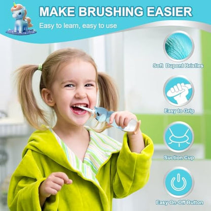 YUNCHI K3 Kids Sonic Electric Toothbrush | Rainbow LED Horn, 17,000VPM, IPX7 Waterproof, 2-Min Timer, 4 Heads (Blue Unicorn, Ages 0–6)