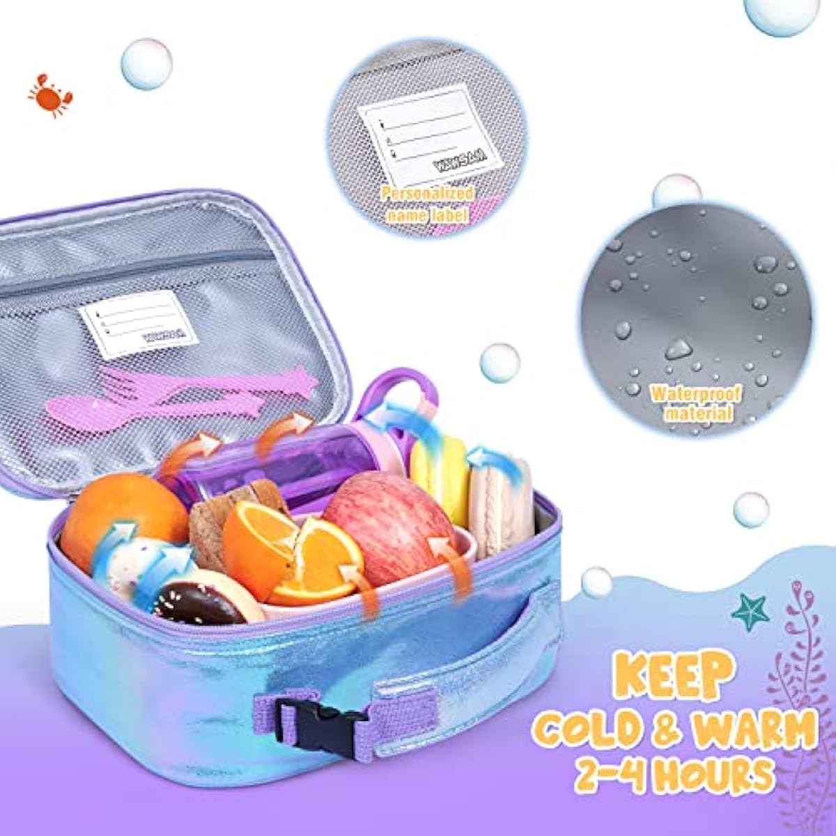 Girls Sequin Mermaid Insulated Lunch Bag | Waterproof Lunch Box with Handle & Pocket — Blue