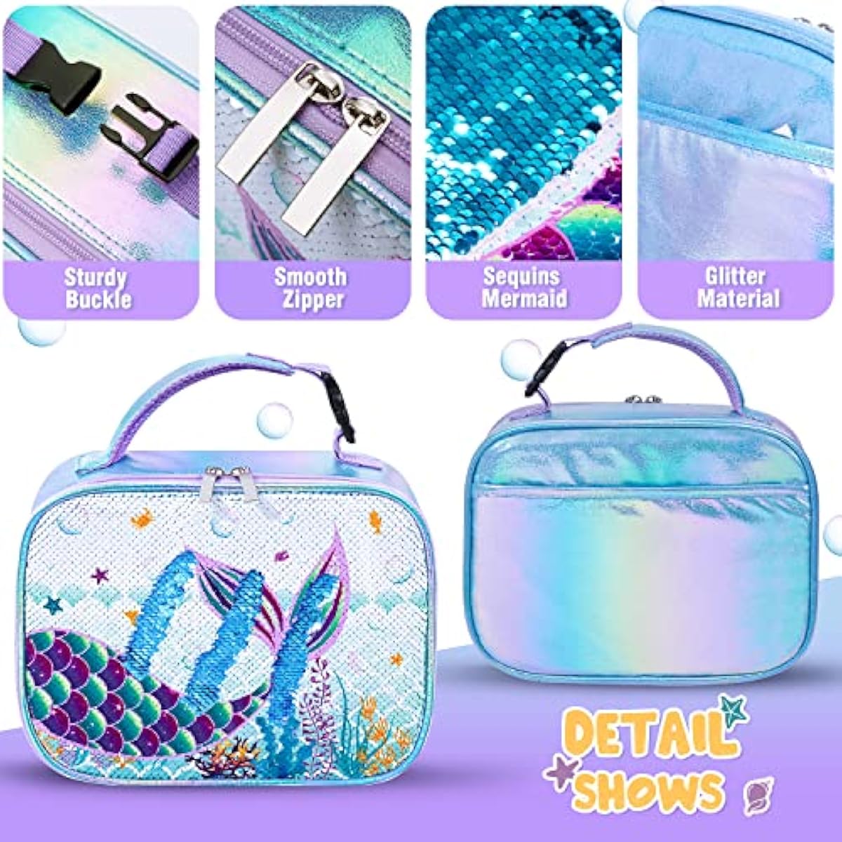Girls Sequin Mermaid Insulated Lunch Bag | Waterproof Lunch Box with Handle & Pocket — Blue