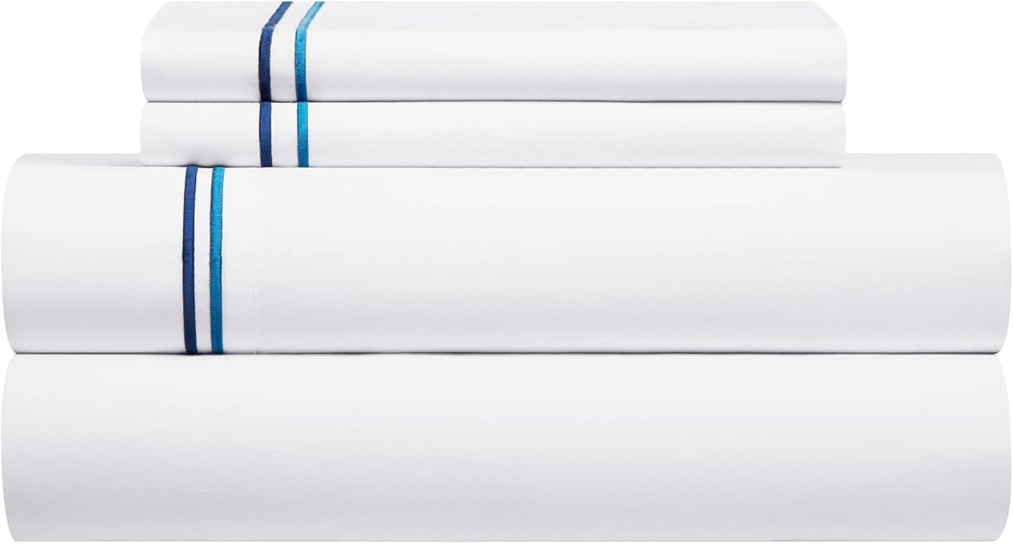 OSVINO King Sheet Set (3/4pcs) – Microfibre Bedding Set with Blue Line Embroidery, Deep Pocket 14–35cm