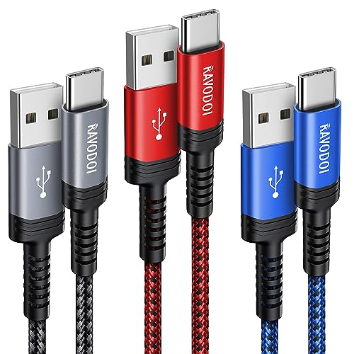 USB-C to USB-A Charging Cable 3-Pack | Nylon Braided, 3A Fast Charge — 1m, 1m & 2m (Grey, Red, Blue)