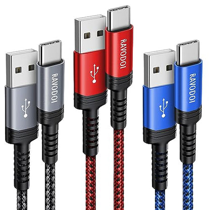 USB-C to USB-A Charging Cable 3-Pack | Nylon Braided, 3A Fast Charge — 1m, 1m & 2m (Grey, Red, Blue)