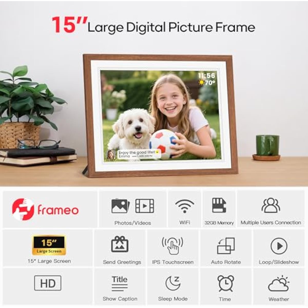 Frameo 15 Inch WiFi Digital Photo Frame – 32GB HD IPS Touchscreen with App Sharing