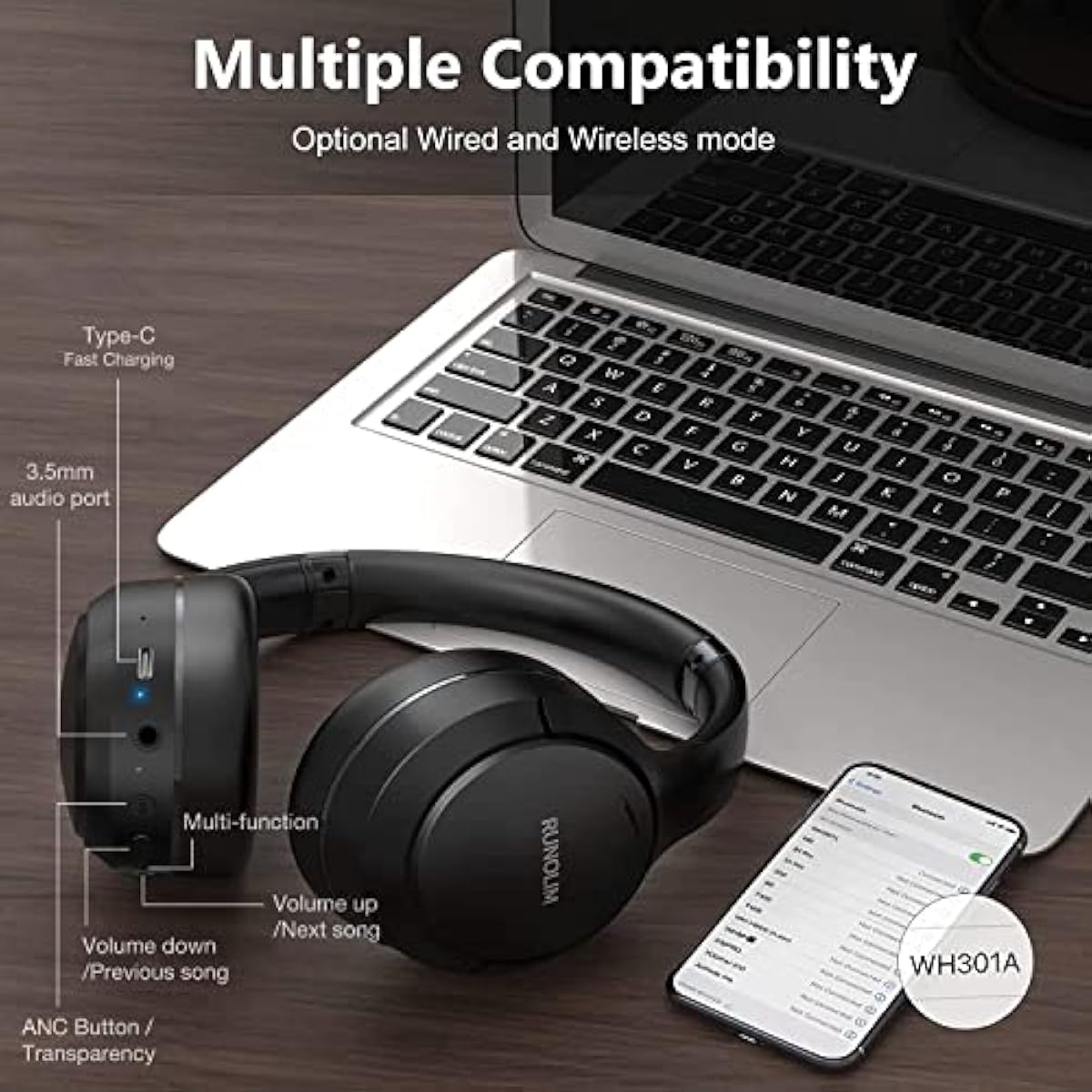 RUNOLIM Hybrid Active Noise Cancelling Headphones, Wireless Over Ear Bluetooth Headphones with Microphone, 70H Playtime, Foldable Wireless Headphones with HiFi Audio, Deep Bass for Home Travel Office