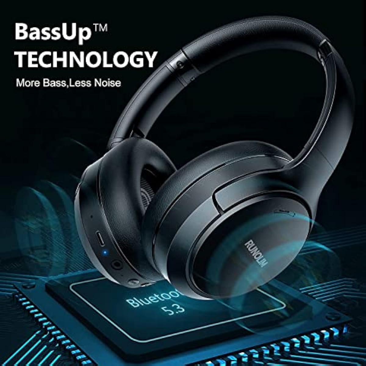 RUNOLIM Hybrid Active Noise Cancelling Headphones, Wireless Over Ear Bluetooth Headphones with Microphone, 70H Playtime, Foldable Wireless Headphones with HiFi Audio, Deep Bass for Home Travel Office