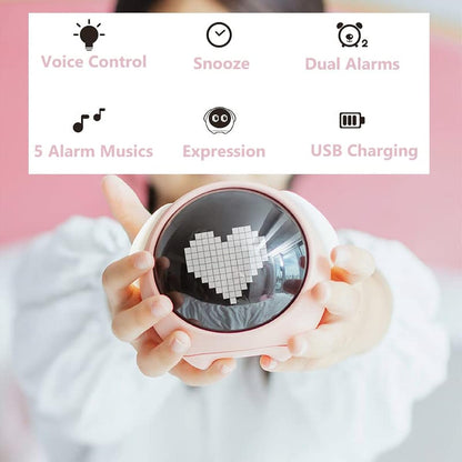 Kids Alarm Clock with Night Light & Sleep Trainer | USB Rechargeable, Emoji Face, Voice Activated — Pink