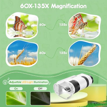 135x Pocket Microscope for Kids & Adults – Portable Handheld Mini Microscope with 5 Slides