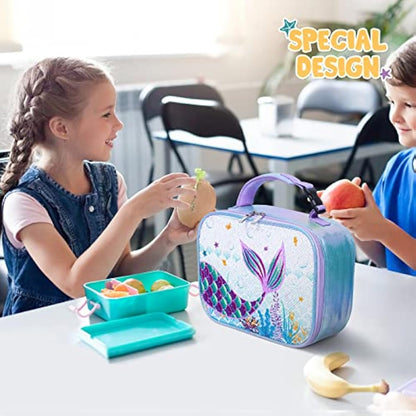 Girls Sequin Mermaid Insulated Lunch Bag | Waterproof Lunch Box with Handle & Pocket — Blue