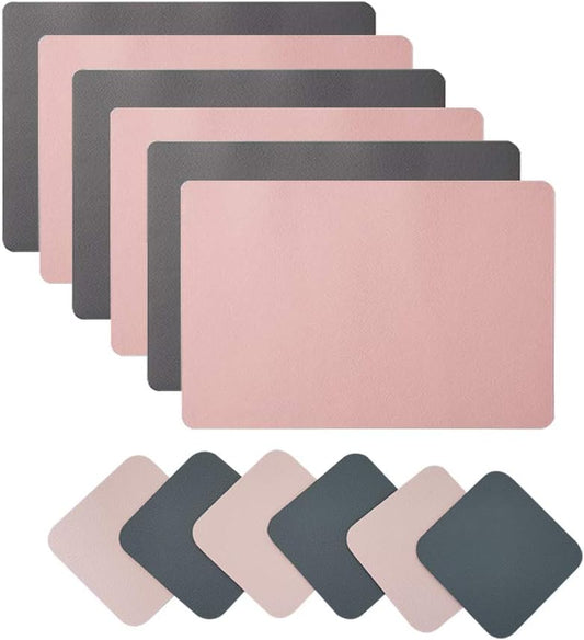 Placemats and Coaster Set of 6 – Double Thickened Dining Table Mats & Coasters | Waterproof, Heat-Resistant | Pink + Dark Grey | Ideal for Home, Hotel & Office