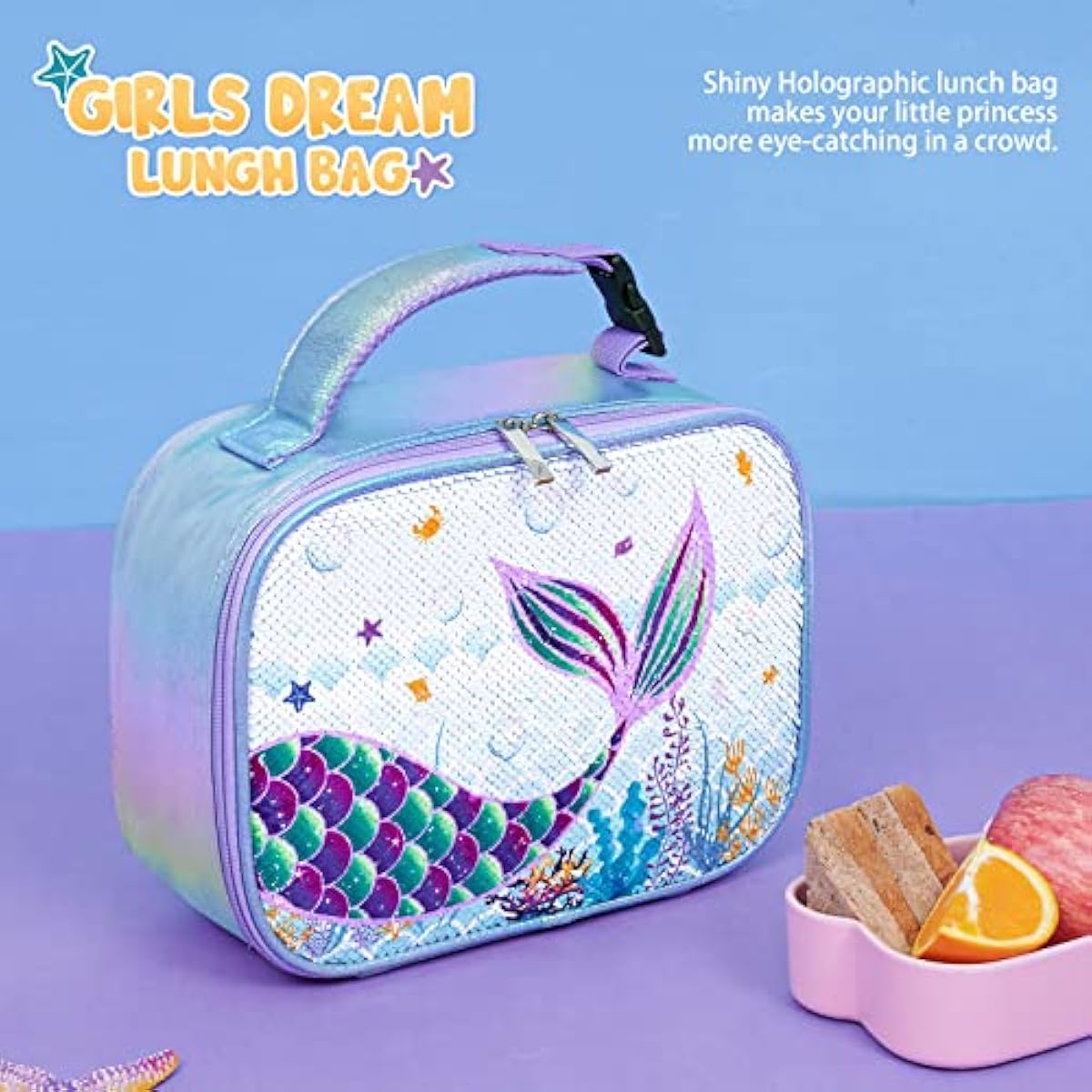 Girls Sequin Mermaid Insulated Lunch Bag | Waterproof Lunch Box with Handle & Pocket — Blue