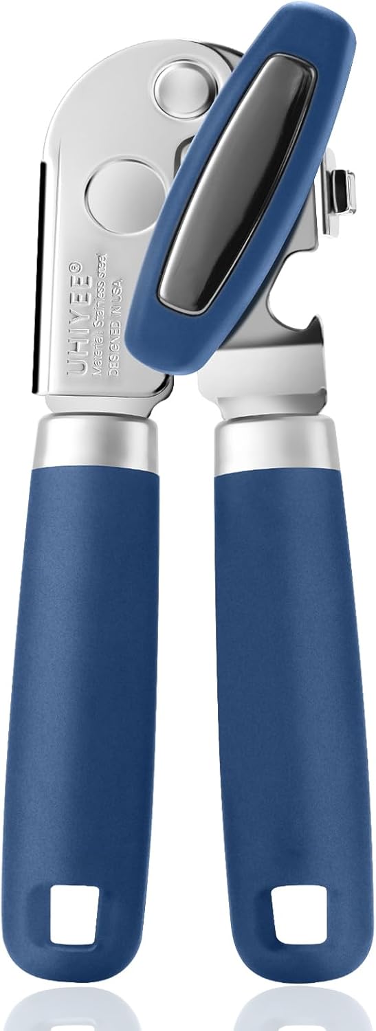 UHIYEE Manual Tin Can Opener – Stainless Steel, Soft Grip Handles, Magnetic Lid Lifter (Black)
