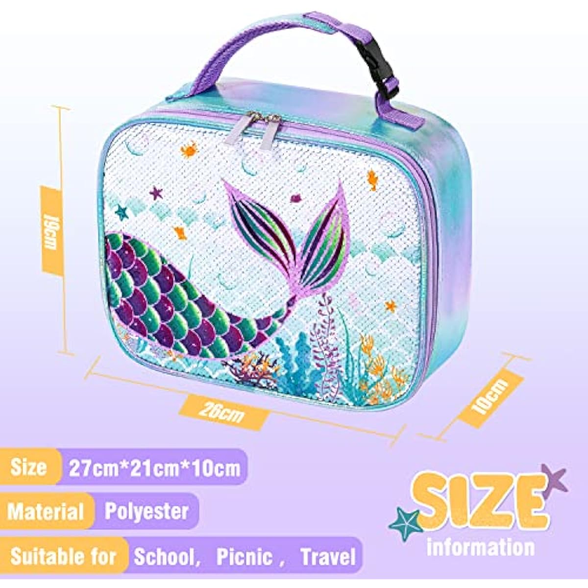 Girls Sequin Mermaid Insulated Lunch Bag | Waterproof Lunch Box with Handle & Pocket — Blue