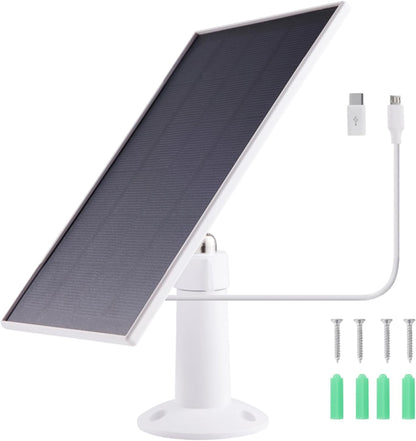 8W Solar Panel Charger for Security Cameras – Micro USB + USB‑C, 9.8ft Cable, 360° Adjustable Mount (Black)